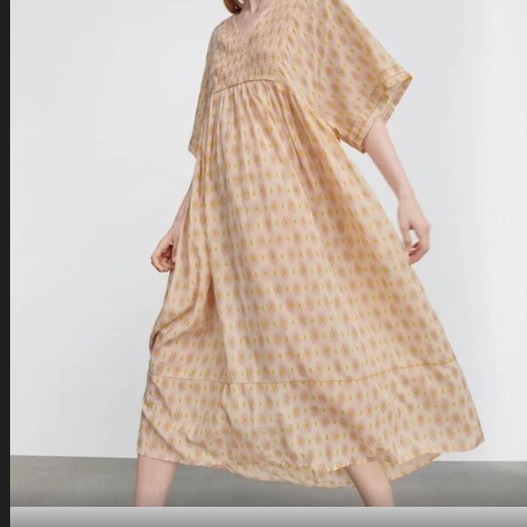 Zara Pink Yellowish Geometric Print Oversized Smock Front ViscoseCotton Dress XS - Picture 2 of 16